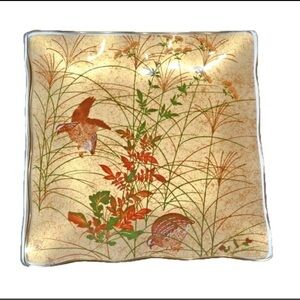 Vintage Art Glass Trinket Dish Gold Floral Bird Pattern